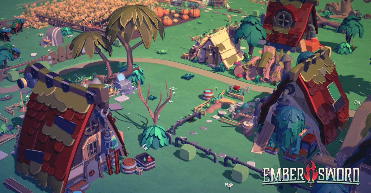 Ingame image of a fantasy village with small red houses and trees in the Ember Sword metaverse game